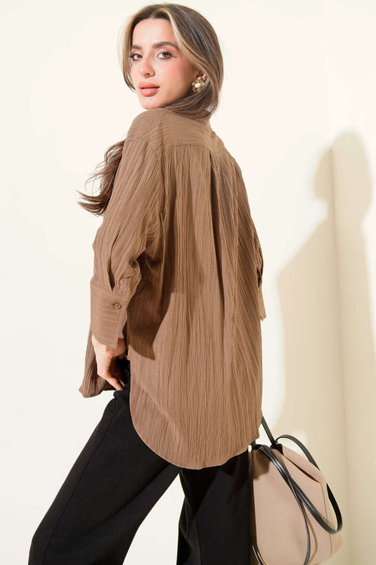 Oversize Krinkıl Gömlek Kahve