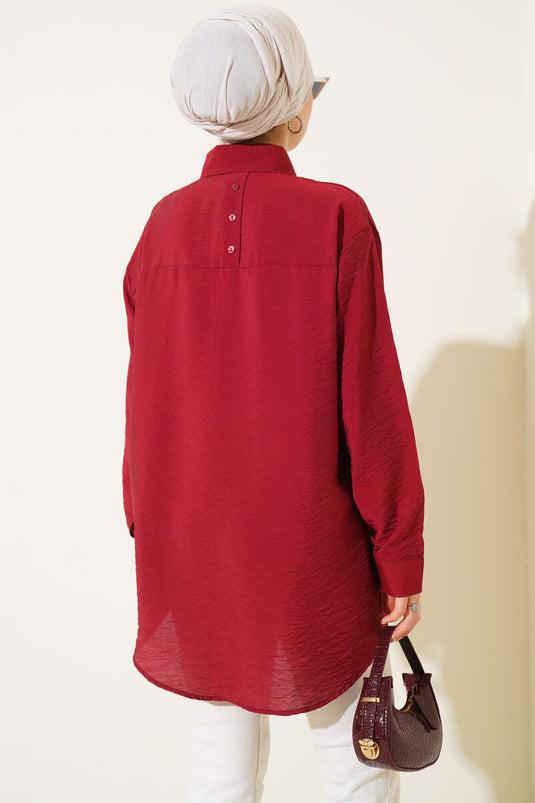 Oversize Manşet Düğmeli Gömlek Bordo