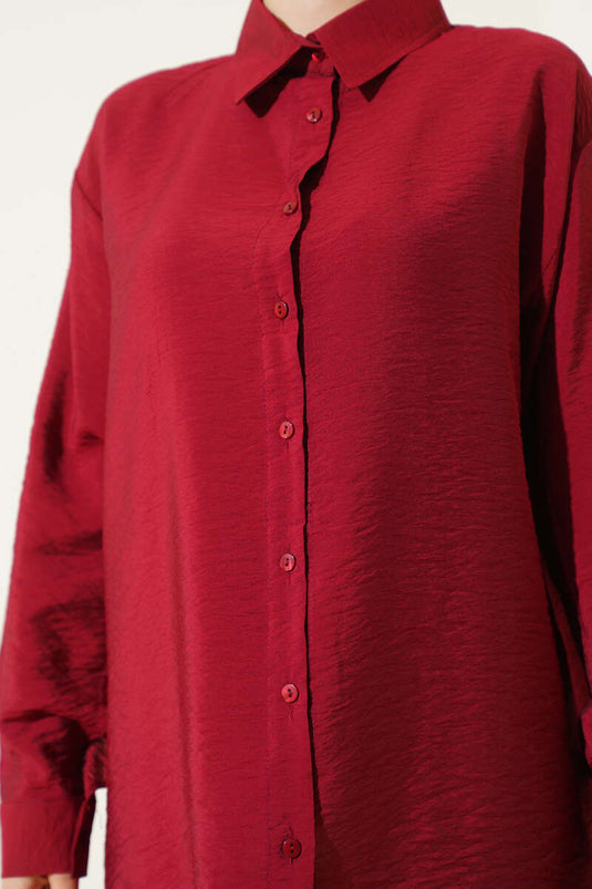 Oversize Manşet Düğmeli Gömlek Bordo