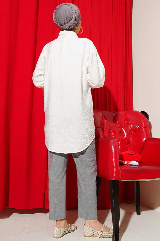 Oversize Manşet Düğmeli Gömlek Ekru