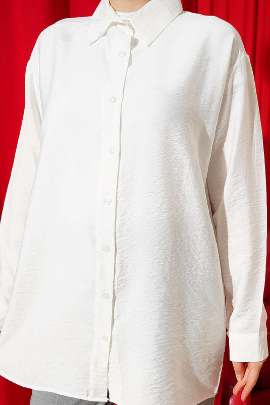 Oversize Manşet Düğmeli Gömlek Ekru