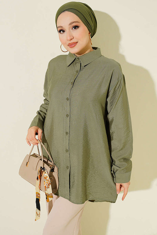 Oversize Manşet Düğmeli Gömlek Haki