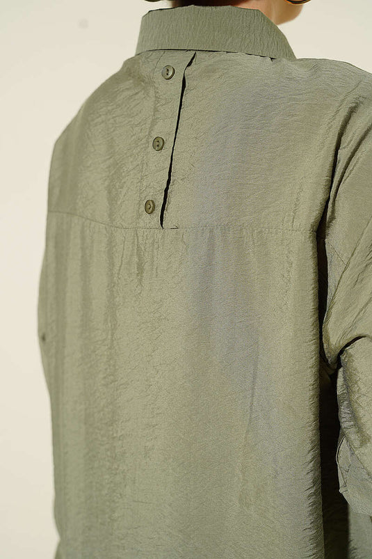 Oversize Manşet Düğmeli Gömlek Haki