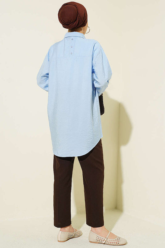 Oversize Manşet Düğmeli Gömlek Mavi