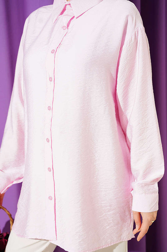 Oversize Manşet Düğmeli Gömlek Pembe