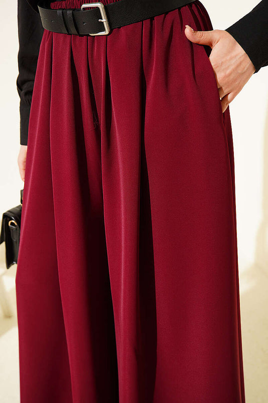 Oversize Paçalı Bel Lastikli Pantolon Bordo