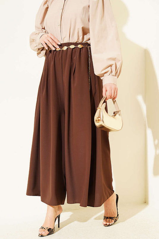 Oversize Paçalı Bel Lastikli Pantolon Kahve