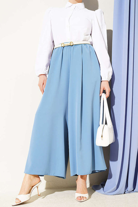 Oversize Paçalı Bel Lastikli Pantolon Mavi