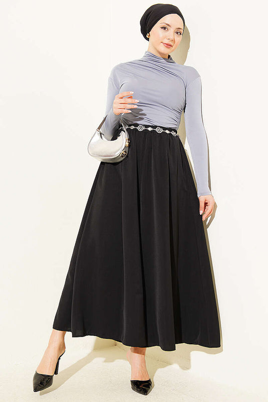 Oversize Paçalı Bel Lastikli Pantolon Siyah