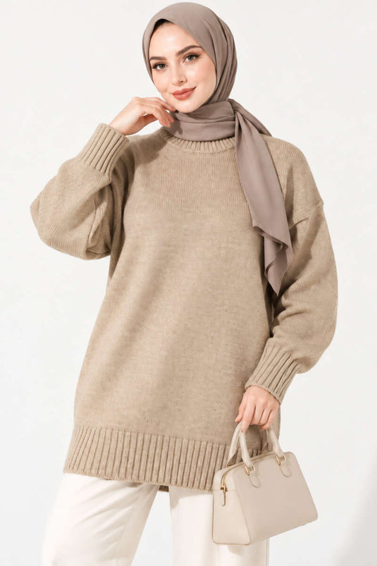 Oversized Ribbed Knit Tunic Beige