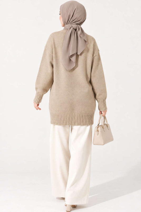 Oversized Ribbed Knit Tunic Beige