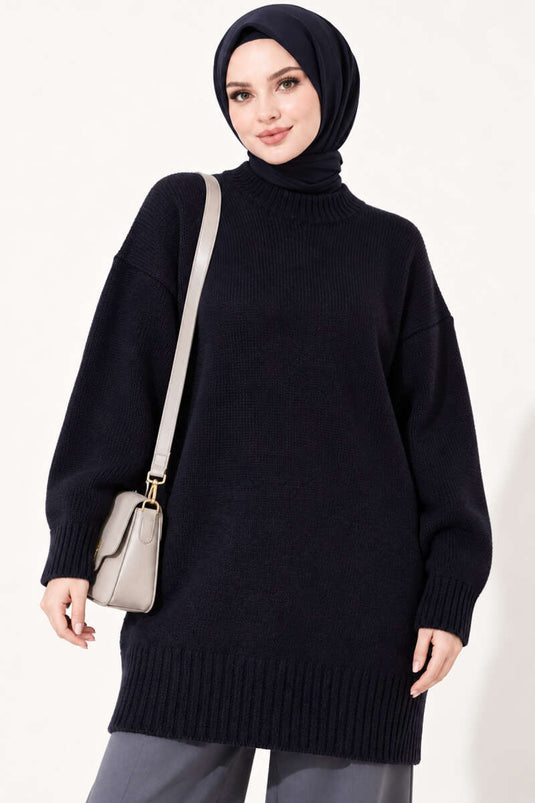 Oversized Ribbed Knit Tunic Navy