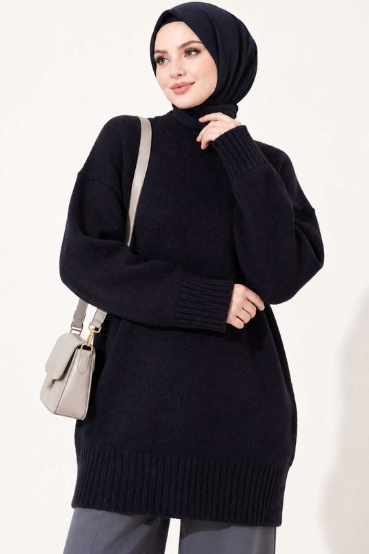 Oversized Ribbed Knit Tunic Navy