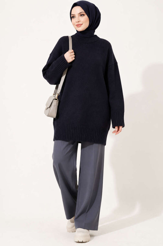 Oversized Ribbed Knit Tunic Navy