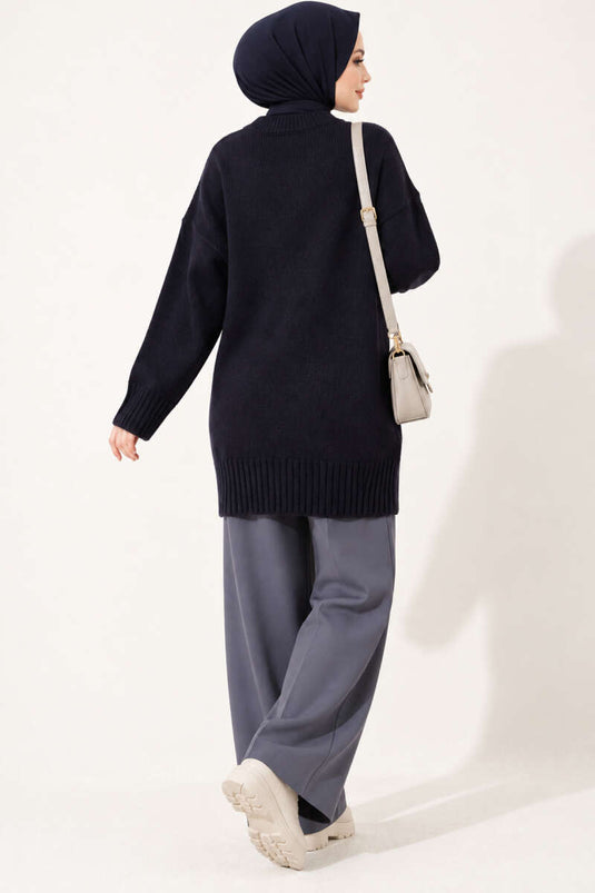 Oversized Ribbed Knit Tunic Navy