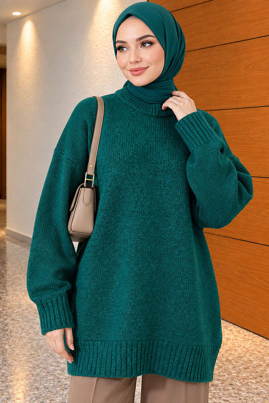 Oversize Ribanalı Triko Tunik Nefti