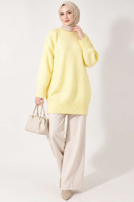 Oversize Ribanalı Triko Tunik Sarı