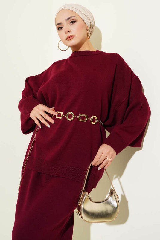 Ensemble deux pièces en maille bordeaux : tunique oversize et jupe,
