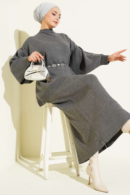 Oversize Tunik Etekli Triko İkili Takım Füme