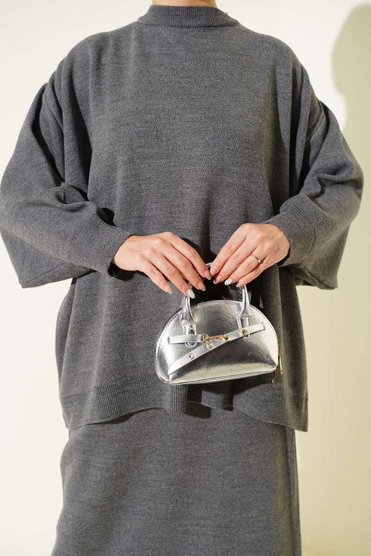 Oversize Tunik Etekli Triko İkili Takım Füme