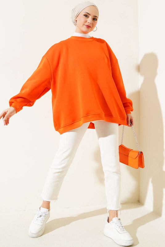 Oversize Üç İplik Basic Tunik Oranj