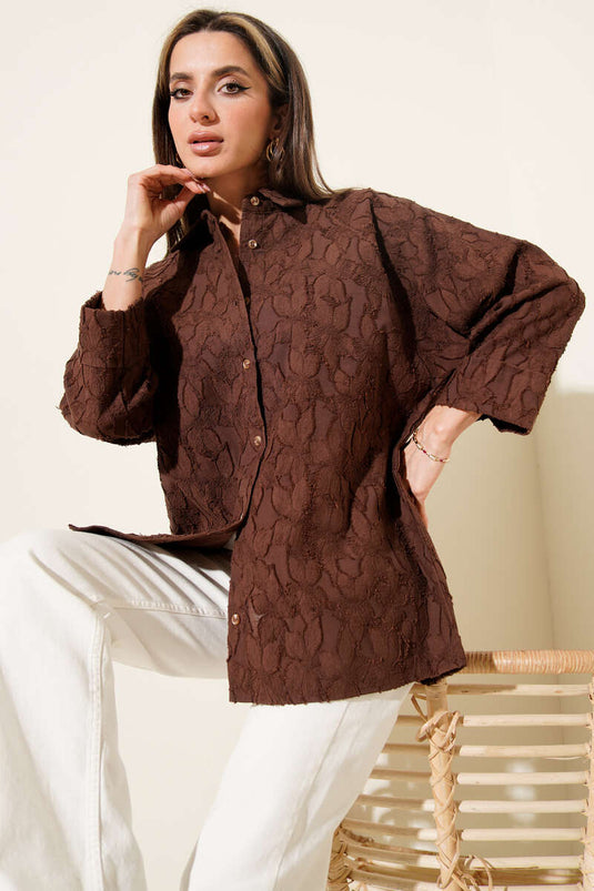 Oversized Half-Sleeve Shirt with Embossed Floral Pattern Brown