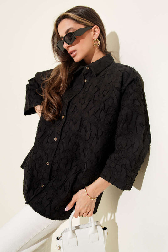 Oversized Half-Sleeve Shirt with Raised Floral Pattern Black