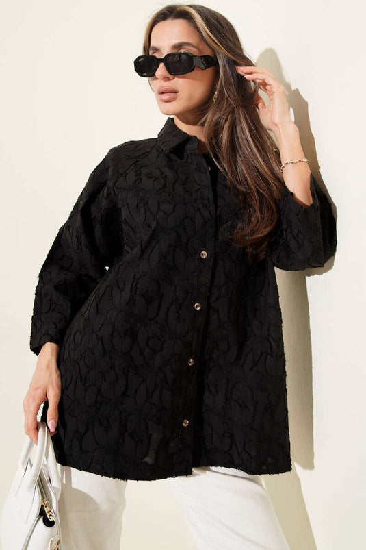 Oversized Half-Sleeve Shirt with Raised Floral Pattern Black