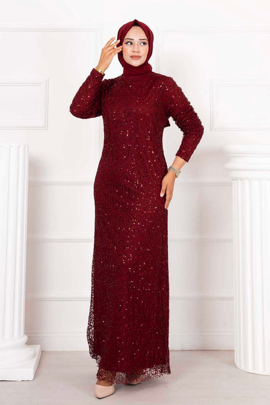 Abito da sera Hijab con paillettes Rosso bordeaux