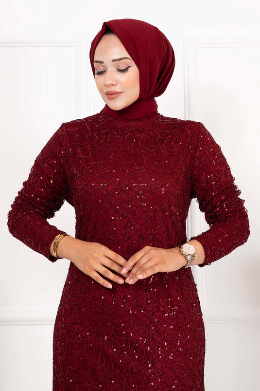 Abito da sera Hijab con paillettes Rosso bordeaux