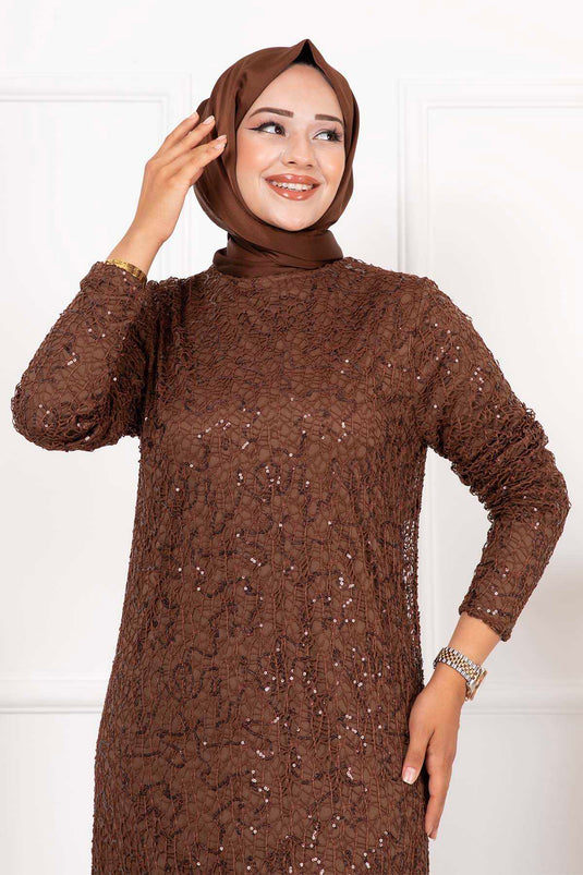 Abito da sera Hijab con paillettes Marrone