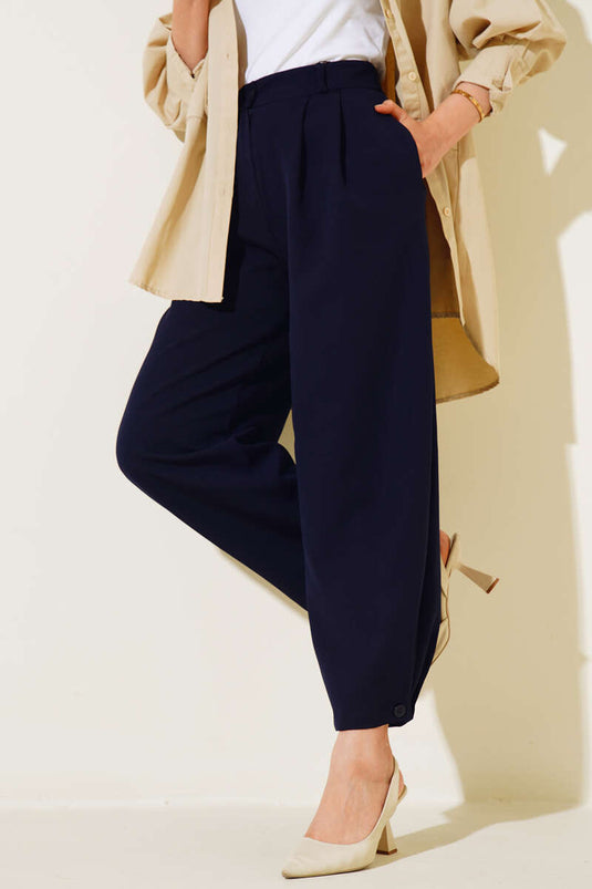 Navy Blue Buttoned Trousers