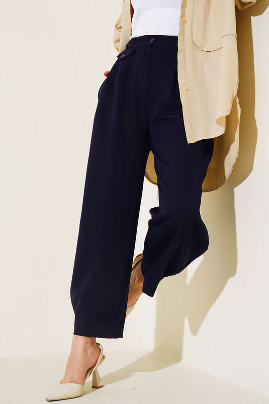 Navy Blue Buttoned Trousers