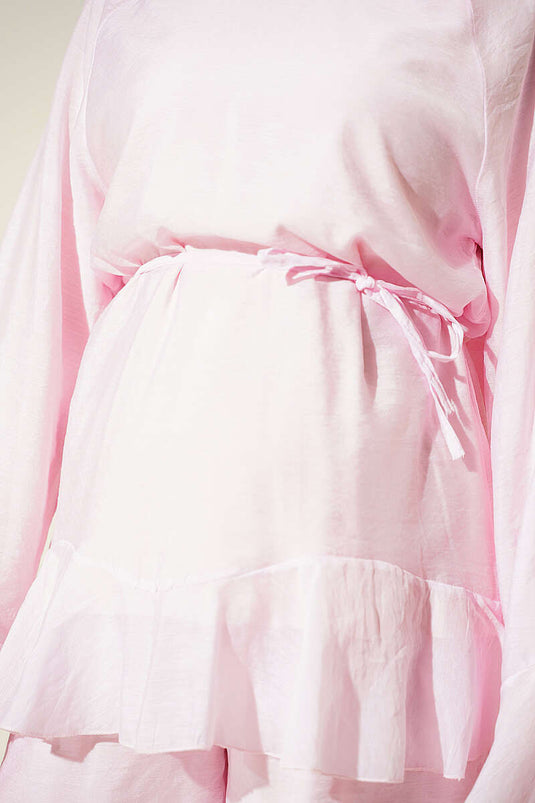 Paça Fırfırlı İp Kuşaklı İkili Takım Pembe