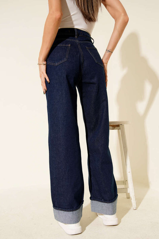 بنطلون جينز بحافة مطوية