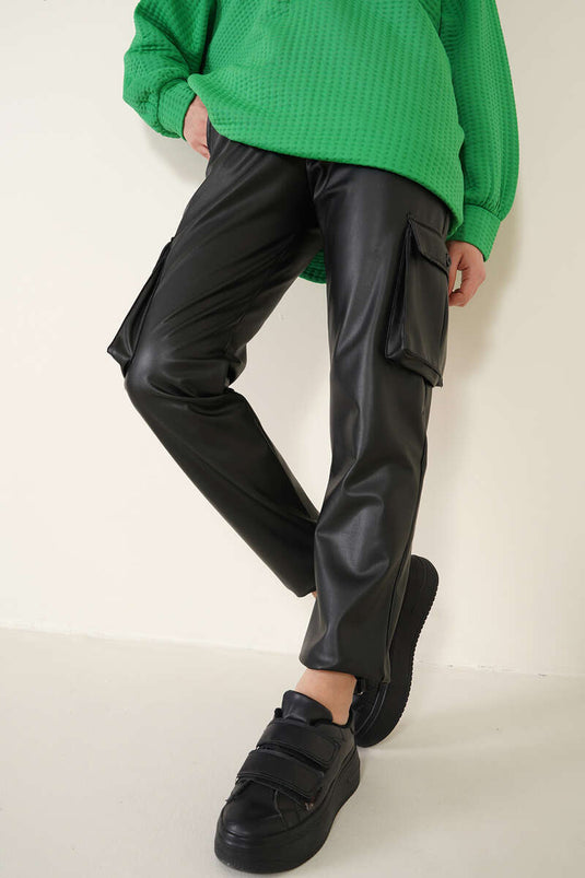 Pantalon Cargo En Cuir À Jambe Élastique Noir