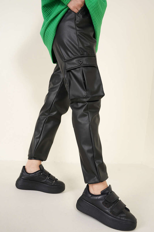 Pantalon Cargo En Cuir À Jambe Élastique Noir