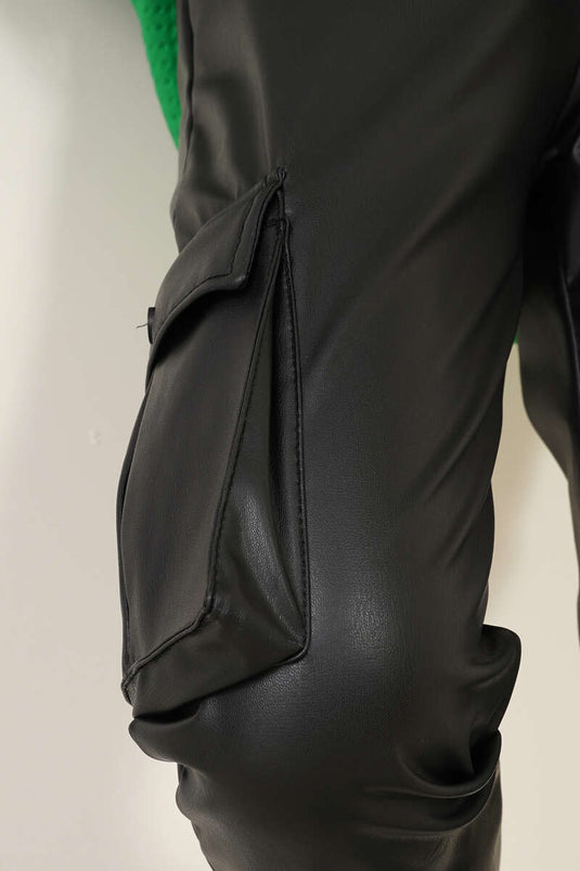 Pantalon Cargo En Cuir À Jambe Élastique Noir