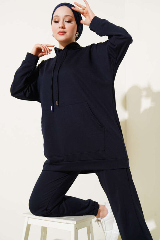 Elastic Leg Hooded Two Piece Suit Navy Blue