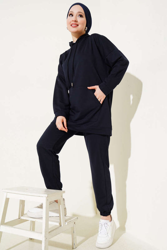 Elastic Leg Hooded Two Piece Suit Navy Blue