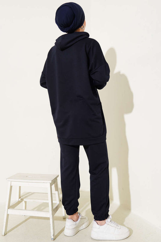 Elastic Leg Hooded Two Piece Suit Navy Blue