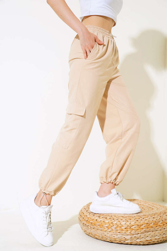 Pantalon Poche Cargo Taille Élastique Beige