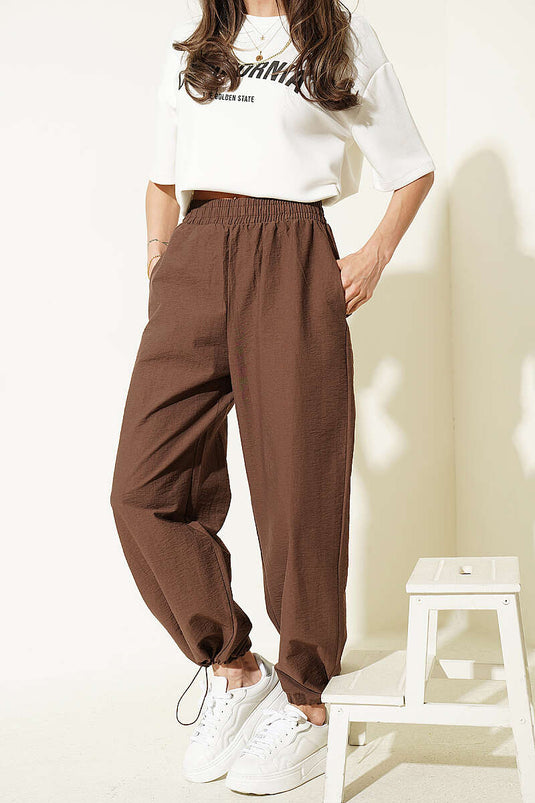 Pantalon Jogger Parachute à Taille Élastique Marron
