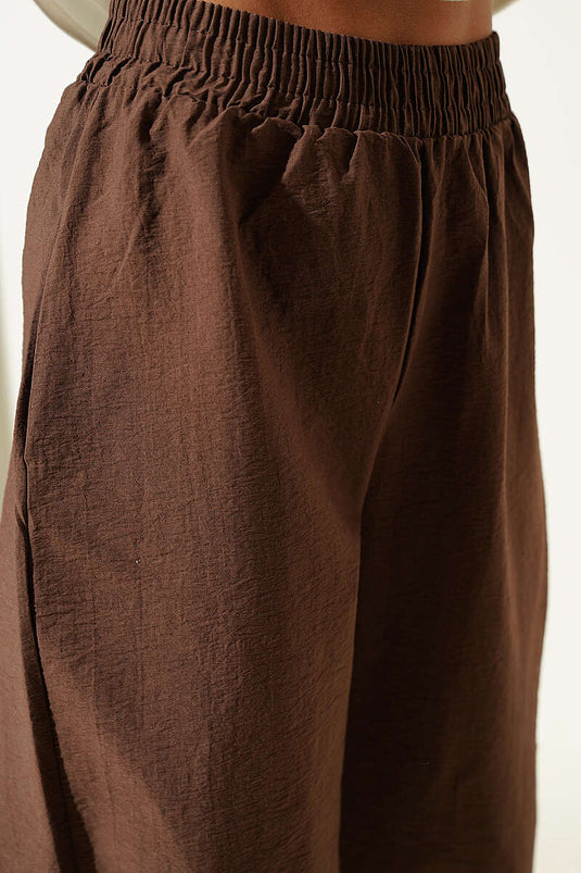 Pantalon Jogger Parachute à Taille Élastique Marron
