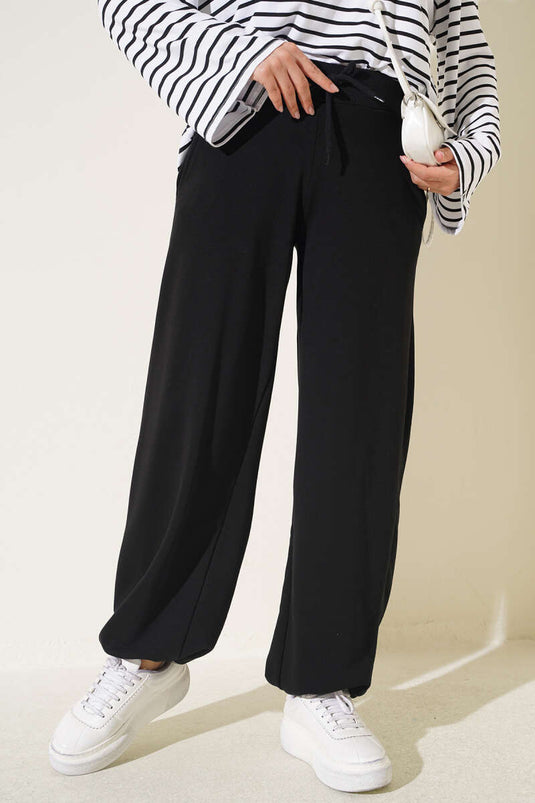 Black Melange Triple Yarn Pants With Elastic Cuffs