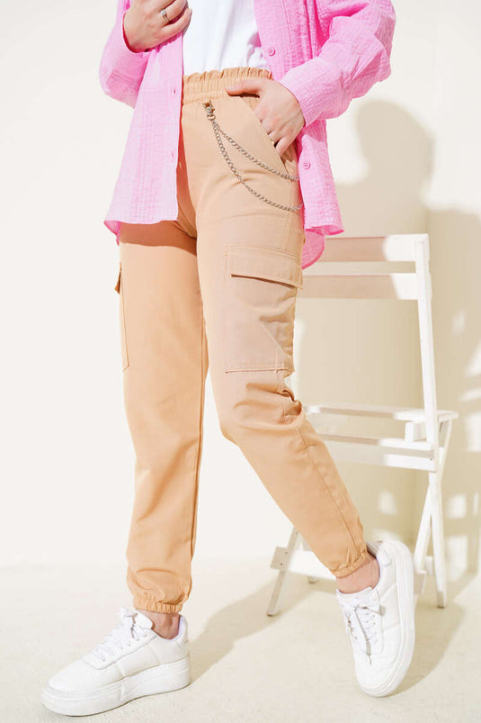 Elastic Cuffed Chain Cargo Pants Camel