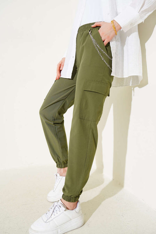 Elastic Cuffed Chain Cargo Pants Khaki