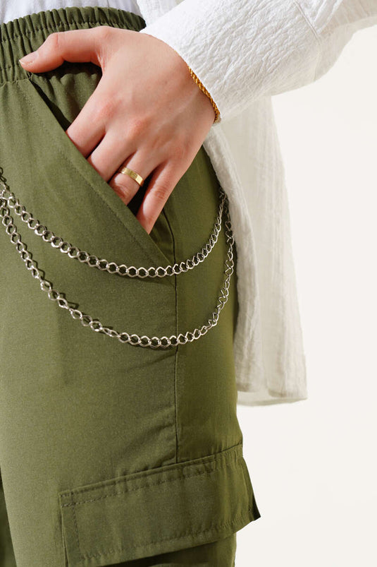 Elastic Cuffed Chain Cargo Pants Khaki