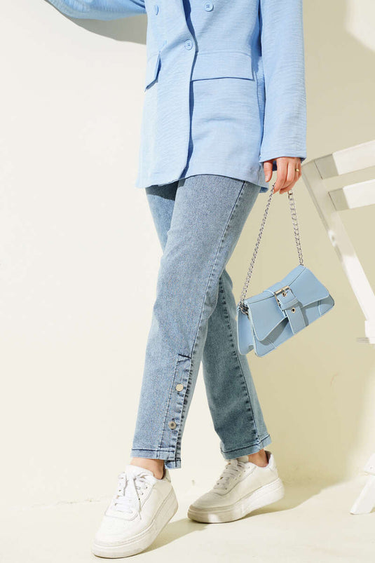 Cuffed Metal Button Trousers Denim Blue