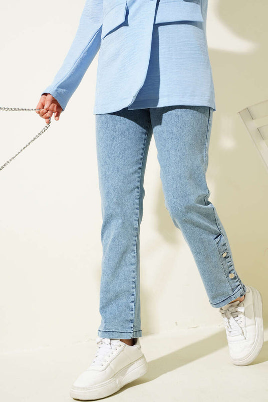 Cuffed Metal Button Trousers Denim Blue